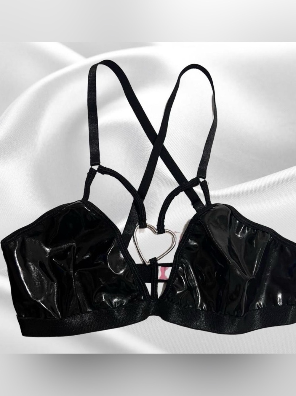 Sugar Thrillz Black Vinyl Heart-Ring Strappy Bralette